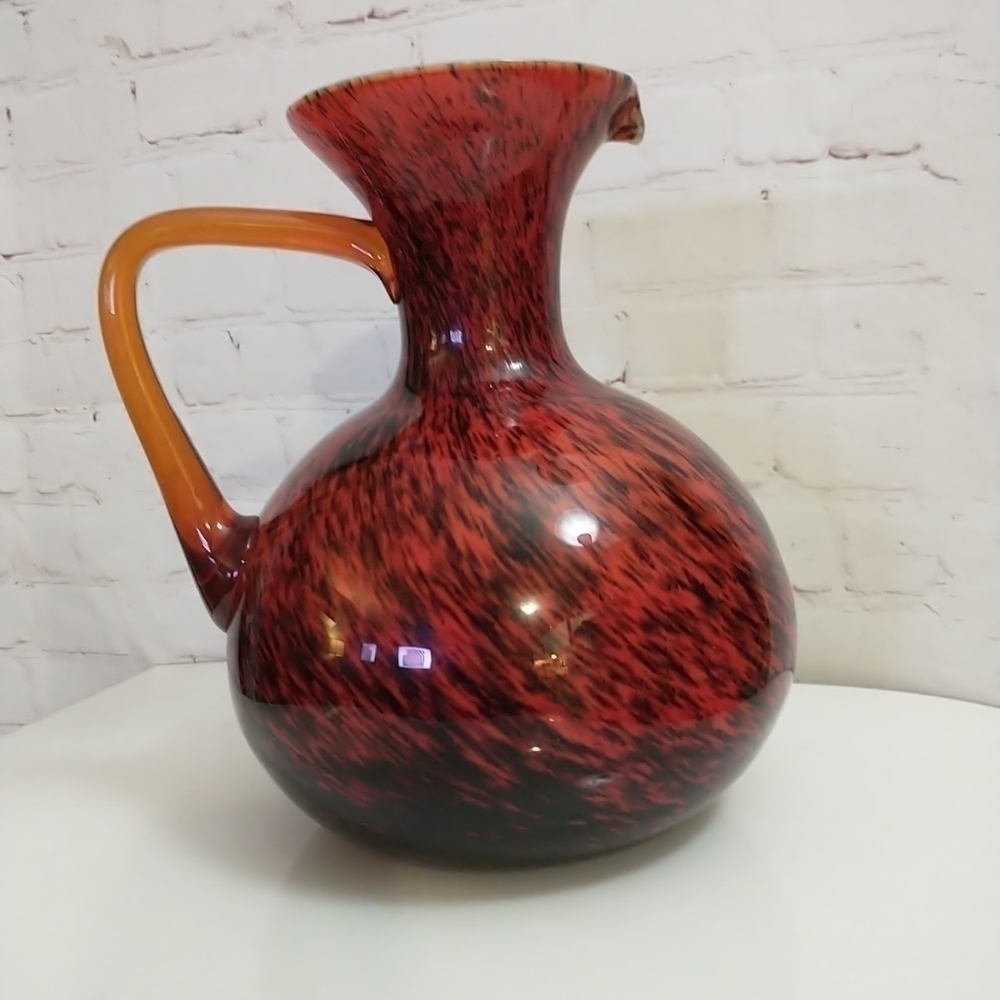 Vtg Italian Empoli Cased Art Glass Red Black Swirl Amber Handle Lrg Pitcher Jug